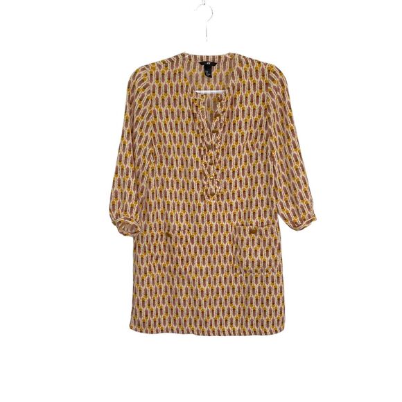 H&M Womens Dress Size 8 Short Shift Mustard Abstract 3/4 Sleeve Ruffle Pockets - Picture 3 of 14